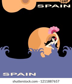 Mermaid with fan dancing flamenco in sea waves against moon on night sky background. Silhouette of guitar. Space for text. Concert banner. Tourist symbol.