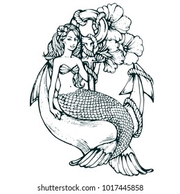 Mermaid fantasy beautiful fish woman sitting on anchor with flowers hand drawn line art vector illustration sketch outline for coloring book page