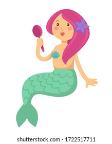 Mermaid fantasy creature living in ocean holding mirror looking at herself. Isolated personage or cartoon character with tail of fish. Fairytale beautiful maid underwater dweller, vector in flat