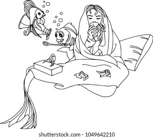 Mermaid fell ill, fish pour cough syrup. Cartoon characters, pets, health, set, coloring outline