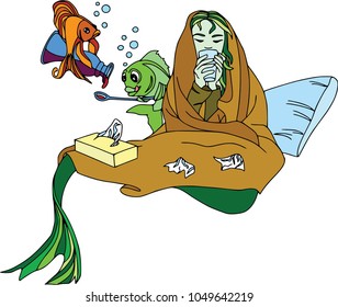 Mermaid fell ill, fish pour cough syrup. Cartoon characters, pets, health, set
