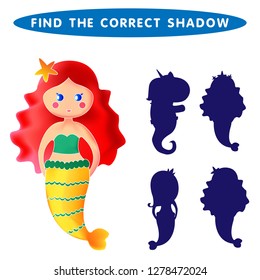 Mermaid. Find the correct shadow kids educational puzzle game. Vector illustration.
