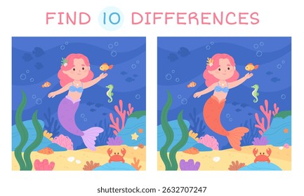 Sereia encontrar diferenças jogo. Localização subaquática com pequena sereia bonito, plantas e peixes. Jogo de desenvolvimento para crianças, modelo de vetor de ratos