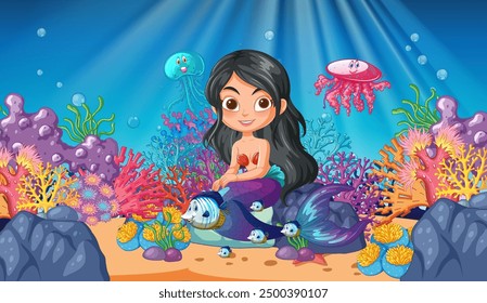 Mermaid with fish and colorful coral reef