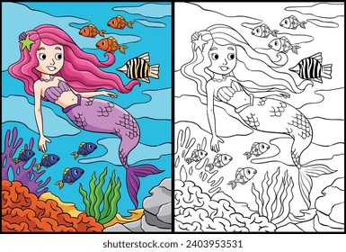 Mermaid and a Fish Coloring Page Illustration