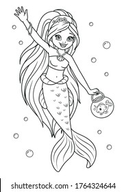 Mermaid with Fish Coloring Page Outline Cartoon Illustration