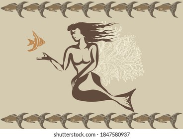 mermaid with fish and coral vector illustration
