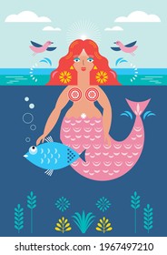 Mermaid and fish. Illustration, poster, card