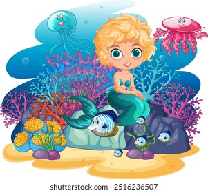 Mermaid with fish, jellyfish, and colorful coral reef