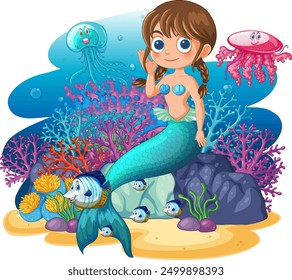 Mermaid with fish and jellyfish in coral reef