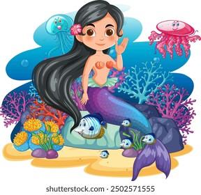 Mermaid with fish and jellyfish in coral reef