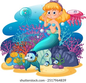 Mermaid with fish and jellyfish in coral reef