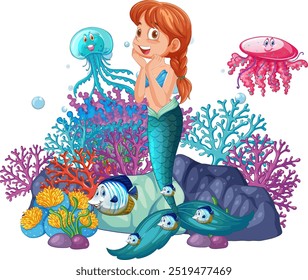 Mermaid with fish, jellyfish, and coral reef