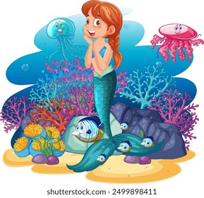 Mermaid with fish and jellyfish underwater