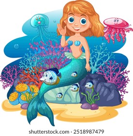 Mermaid with fish and jellyfish underwater