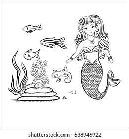 mermaid and fish, rocks and seaweed drawn contour