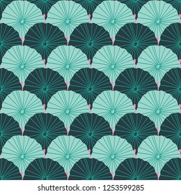 Mermaid or fish scale lotus leaves design in a colorful green and pink modern tropical style. Seamless vector repeat pattern.