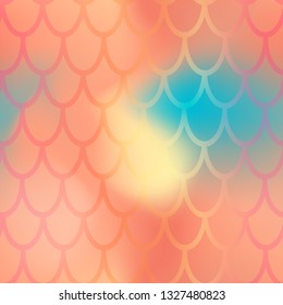 Mermaid or fish scale seamless pattern. Orange mermaid skin vector background. Marine pattern tile. Holographic gradient with fishscale ornament. Living coral texture. Iridescent wrapping paper