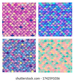 Mermaid, fish scale vector illustrations. Set of seamless patterns with different color schemes