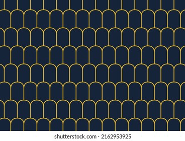 Mermaid Fish Scale Wave Japanese Luxury Pattern. Dark Purple Blue Background With Gold Line.