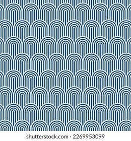 Mermaid fish scale wave japanese luxury pattern. Dark blue background with white line. Japan line pattern.