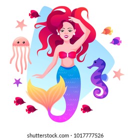 mermaid, fish, sea horse and jellyfish. vector illustration