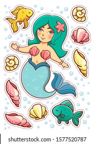 Mermaid, fish and sea shells. Sticker pack. Set of cartoon elements for kids. Underwater characters. Colorful doodle, vector illustration