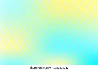 Mermaid Fish skin ornament on yellow cyan gradient. Colorful abstract background with fishscale pattern. Summer party banner template. Optimistic backdrop for web design or wallpaper. Fish scale print