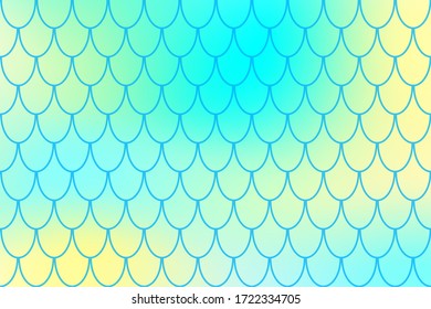 Mermaid Fish skin texture on yellow mint gradient. Colorful abstract background with fishscale pattern. Summer party banner template. Optimistic backdrop for web design or wallpaper. Fish scale print