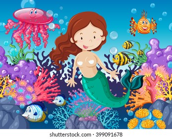 Mermaid and fish swimming under the sea illustration