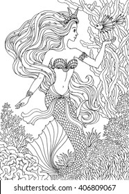 Mermaid with fish undersea, hand drawn vector illustration on a white background for coloring book