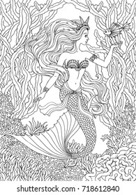 Mermaid with fish undersea, hand drawn vector illustration on a white background for coloring book