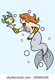Mermaid with a Fish - Vector Illustration