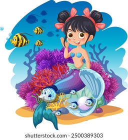 Mermaid with fish in vibrant coral reef