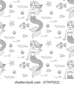 Mermaid fish waves starfish doodles seamless vector pattern childish cute
