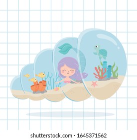 mermaid fishes turtle starfish cartoon under the sea grid background vector illustration