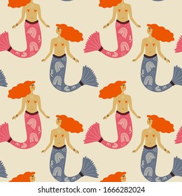 Mermaid flat art funny cartoon seamless pattern doodle illustration vector clipart