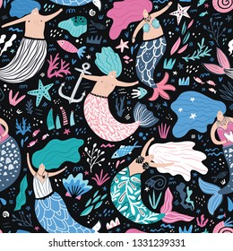 Mermaid flat hand drawn seamless pattern. Underwater magical life cartoon illustrations. Scandinavian style. Marine, nautical mythical creatures. Fairytale kid textile, wrapping paper, background