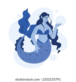 Ilustración vectorial plana de sirena. Personajes fantásticos, criaturas míticas de la época medieval. Legendaria criatura mística con el cuerpo de bella mujer y cola de pez aislada en fondo blanco