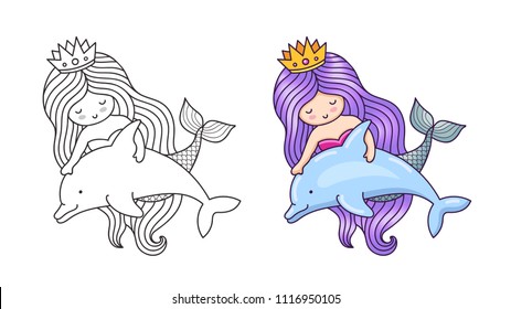 Mermaid, floating with dolphin. Friendship. Cute cartoon character. Vector illustration for coloring book, print, card, postcard, poster, t-shirt, tattoo.