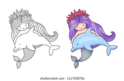 Mermaid, floating with dolphin. Friendship. Cute cartoon character. Vector illustration for coloring book, print, card, postcard, poster, t-shirt, tattoo.