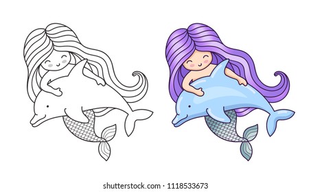Mermaid, floating with dolphin. Friendship. Cute cartoon character. Vector illustration for coloring book, print, card, postcard, poster, t-shirt, tattoo.