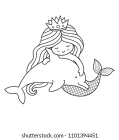 Mermaid, floating with little dolphin. Vector illustration for coloring book.