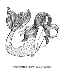 Mermaid floating outline illustration black isolated on white background, stock vector image, for design and decor. Sticker, banner graphic, nautical theme, tattoo.