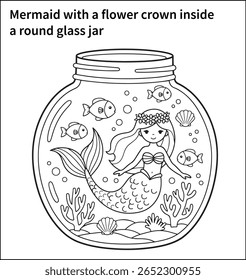 A mermaid with a flower crown inside a round glass jar, surrounded by cute fish, seashells, and coral branches