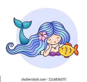 Mermaid with flower in her hair, stroking a fish. Cartoon character for print, poster, postcard. Vector illustration.