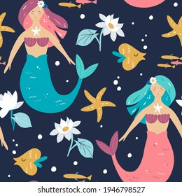 Mermaid and flowers seamless pattern, Underwater sea world dwellers, Fairytale kid textile, wrapping paper, background. Vector illustration.
