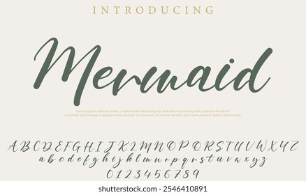 Fonte da sereia Pincel elegante pintado com letras maiúsculas vetoriais, alfabeto, fonte
