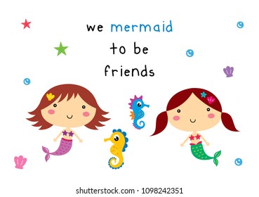 mermaid friends card vector. cute mermaid girl friendship card.