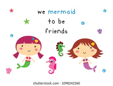 mermaid friends card vector. cute mermaid girl friendship card.